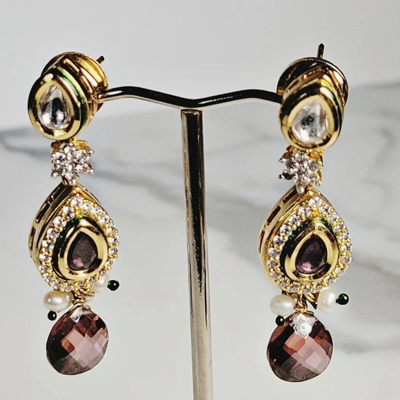 Statement Cocktail Earrings Dangle Drop Pierced Purple Green Delicate Pe… - Picture 2 of 12